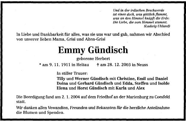 Herbert Emmy 1911-2003 Todesanzeige